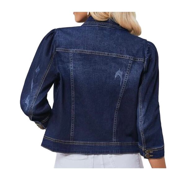 Vetinee Womens Jean Jacket Cropped Denim Jacket Stretchy 3/4 Puff Sleeve Pockets - Picture 2 of 12